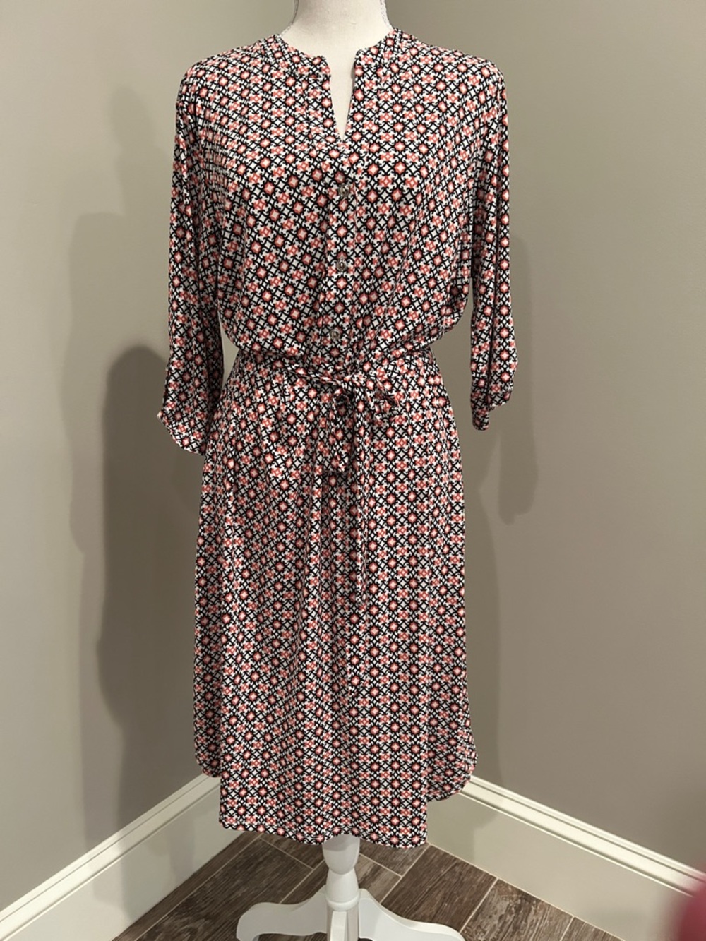 Enfocus Studio Coral and Black Geometric Midi Dress with Tie Waist
